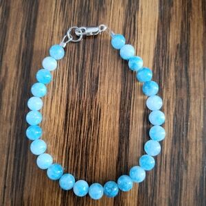 Bracelet Larimar Natural Stones Beaded Sterling Silver 7.5"